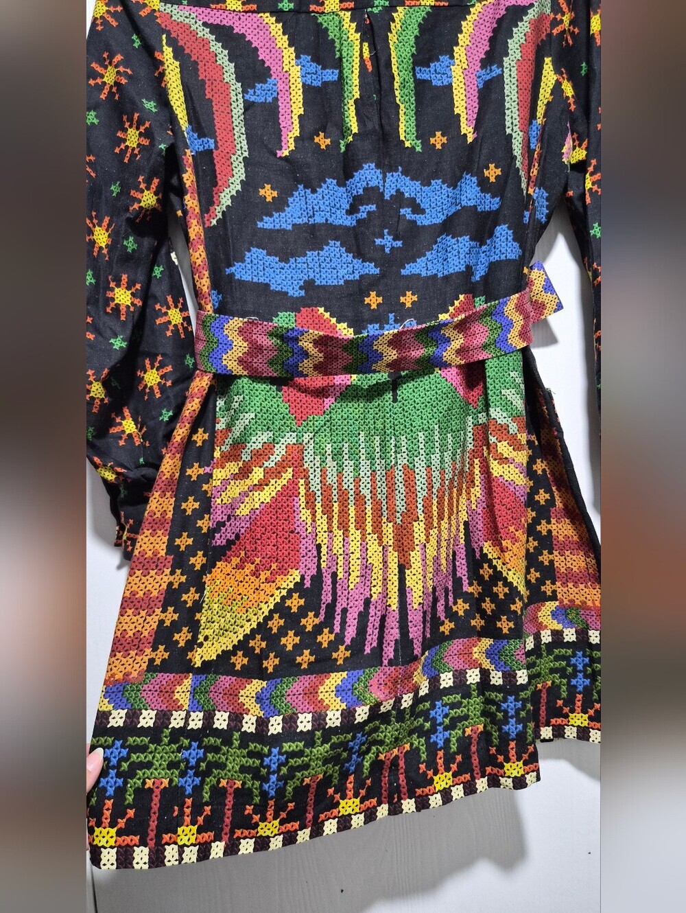 Farm Rio Macaw Night Long Sleeve Linen Blend Mini Colorful Belt Dress Size S - Picture 12 of 15
